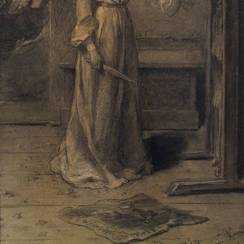 fig 3. Anna Cramer, Interior Scene With Woman Holding A Dagger - Antique Drawing 