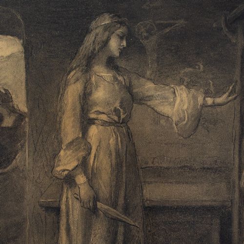fig 4. Anna Cramer, Interior Scene With Woman Holding A Dagger - Antique Drawing 
