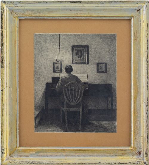 Peter Vilhelm Ilsted, Interior with a Lady at a Spinet, Evening Light - Antique Etching