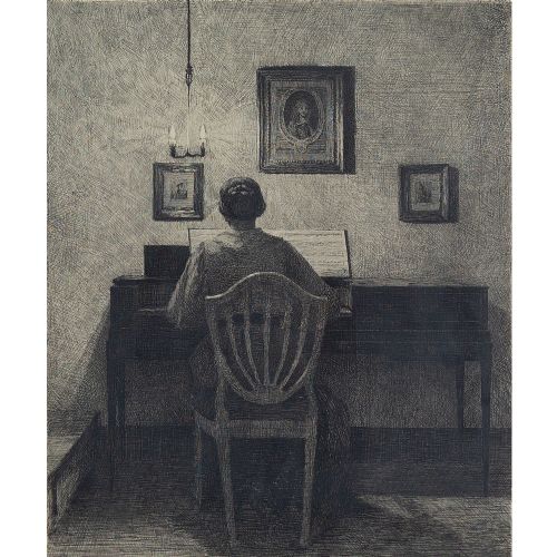 fig 1. Peter Vilhelm Ilsted, Interior With A Lady At A Spinet, Evening Light - Antique Etching 