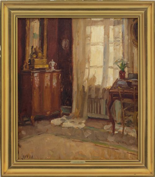 Søren Josva Christensen, Living Room Interior - Antique Oil Painting