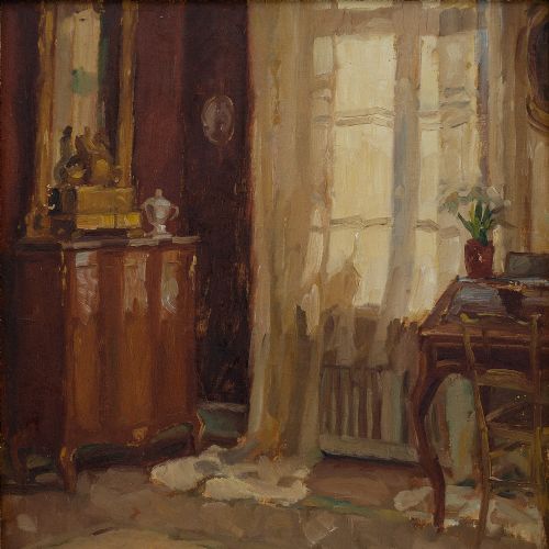 fig 1. Søren Josva Christensen, Living Room Interior - Antique Oil Painting 