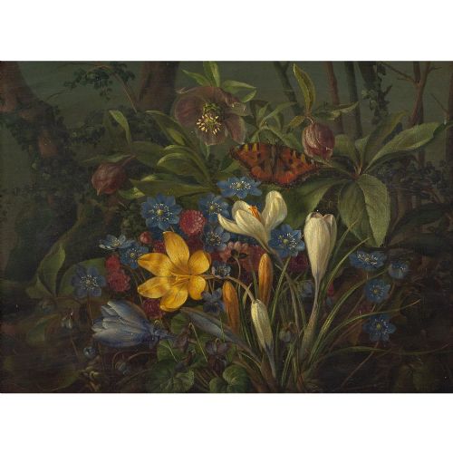 fig 2. Johan Frederik Damm, Forest Floor Still Life With Butterfly - Antique Oil Painting 