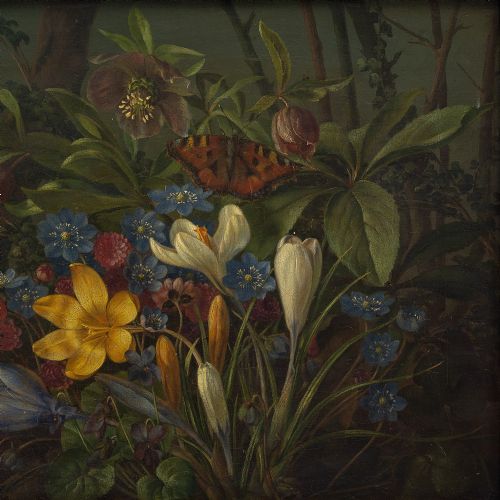 fig 1. Johan Frederik Damm, Forest Floor Still Life With Butterfly - Antique Oil Painting 