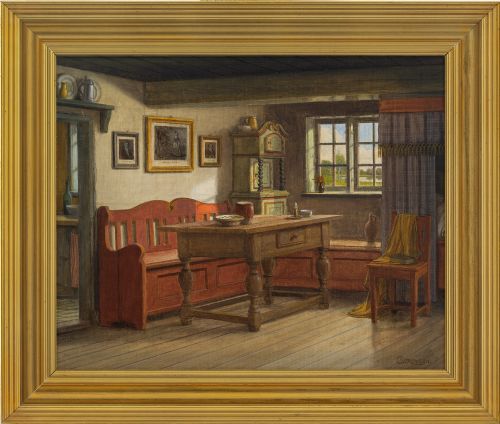 C. Sørensen, Living Room Interior - Vintage Oil Painting