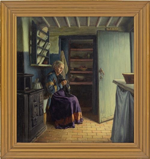 Sophus Vermehren, Interior Scene with Woman Knitting - Antique Oil Painting