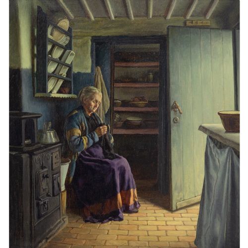 fig 1. Sophus Vermehren, Interior Scene With Woman Knitting - Antique Oil Painting 