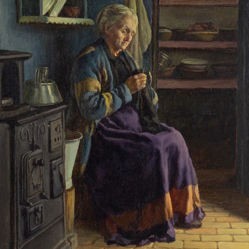 fig 2. Sophus Vermehren, Interior Scene With Woman Knitting - Antique Oil Painting 