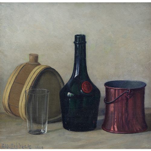 fig 1. Albert Liedbeck, Still Life With Copper Bucket And Bottle - Vintage Oil Painting 