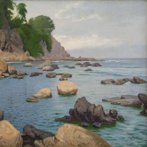 fig 1. Peter Johan Schou, Coastal View With Rocky Scenery - Vintage Oil Painting 