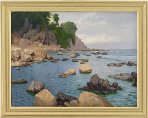 Peter Johan Schou, Coastal View with Rocky Scenery - Vintage Oil Painting