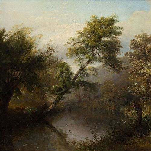 fig 2. Thomas Baker, Scene On The River Leam A Mile Or So Above Leamington - Antique Oil Painting 