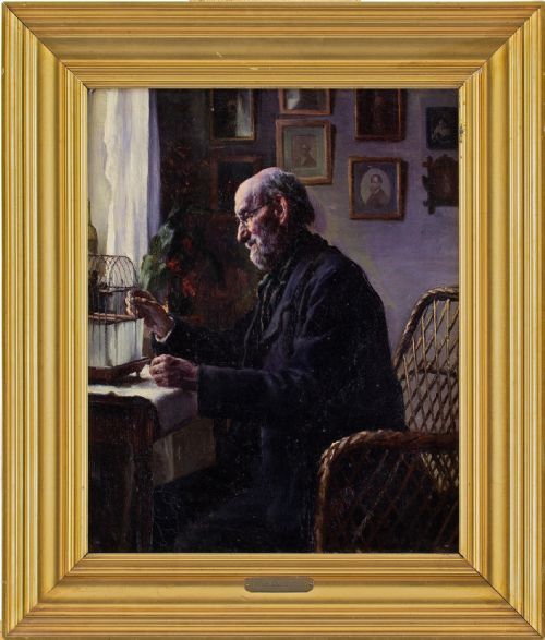 Sophus Vermehren, Interior Scene with Older Gentleman - Antique Oil Painting
