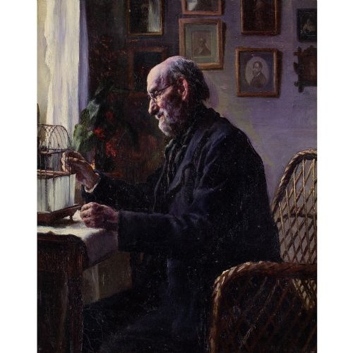 fig 1. Sophus Vermehren, Interior Scene With Older Gentleman - Antique Oil Painting 
