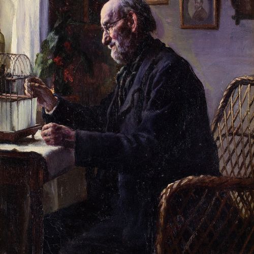 fig 2. Sophus Vermehren, Interior Scene With Older Gentleman - Antique Oil Painting 