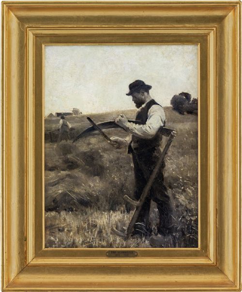 Erik Henningsen, Harvest Scene with Farmer & Scythe - Antique Oil Painting