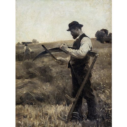 fig 1. Erik Henningsen, Harvest Scene With Farmer & Scythe - Antique Oil Painting 