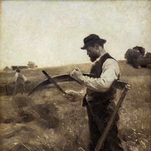 fig 2. Erik Henningsen, Harvest Scene With Farmer & Scythe - Antique Oil Painting 