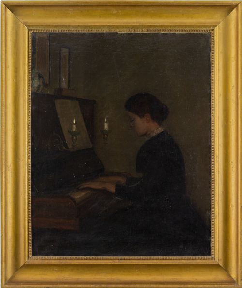 Poul Friis Nybo, Interior Scene with Woman at the Piano - Antique Oil Painting