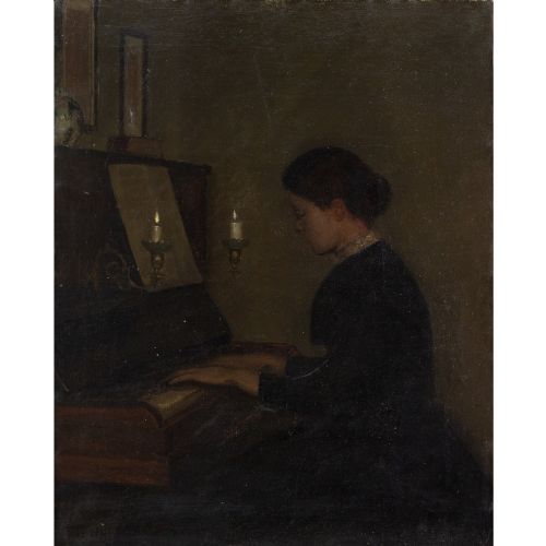 fig 1. Poul Friis Nybo, Interior Scene With Woman At The Piano - Antique Oil Painting 