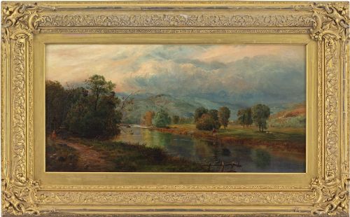 19th-century British School River Landscape with Fisherman - Antique Oil 
Painting