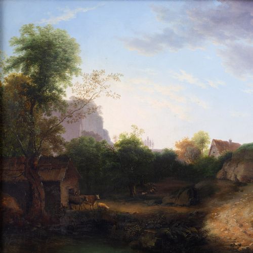 fig 2. 19th-Century Dutch School Landscape With Shepherds - Antique Oil Painting 