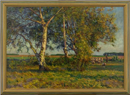 Wilhelm Fritzel, Pastoral Landscape with Birch Trees - Antique Oil Painting