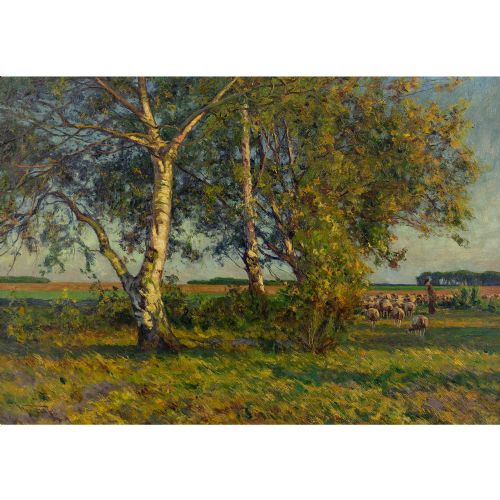 fig 1. Wilhelm Fritzel, Pastoral Landscape With Birch Trees - Antique Oil Painting