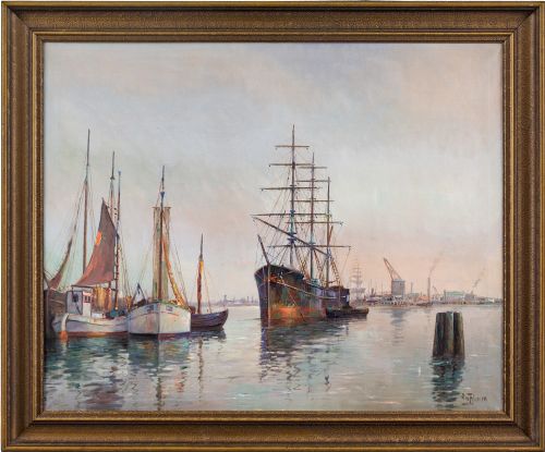 Arup Jensen, Moored at Copenhagen - Vintage Oil Painting
