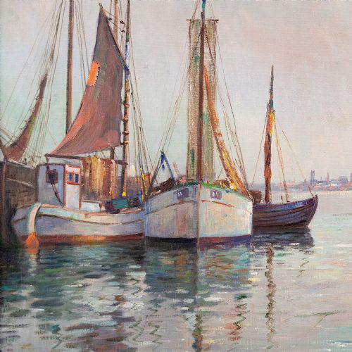 fig 1. Arup Jensen, Moored At Copenhagen - Vintage Oil Painting