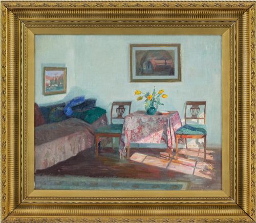 Robert Panitzsch, the Room with the Pink Tablecloth - Vintage Oil Painting