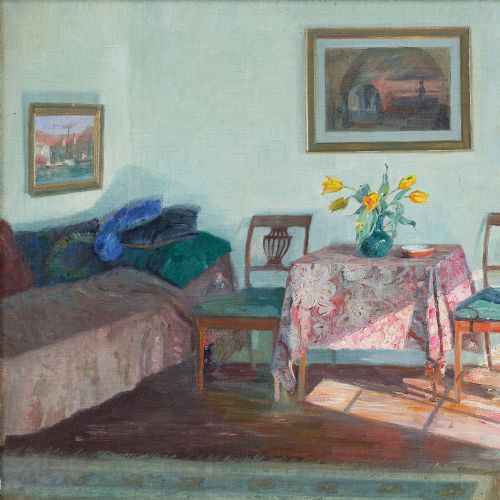 fig 1. Robert Panitzsch, The Room With The Pink Tablecloth - Vintage Oil Painting