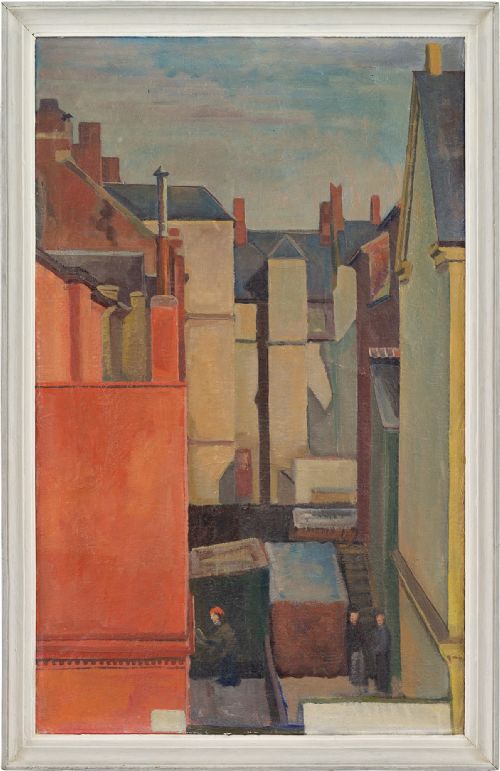 20th-century Danish School, Urban Scene with Figures - Vintage Oil Painting