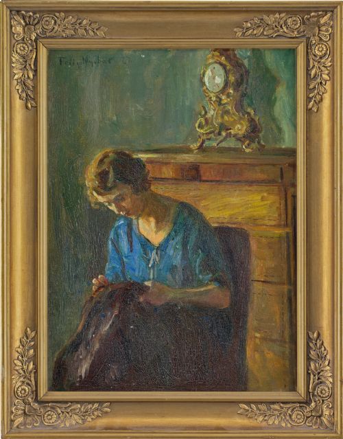 Poul Friis Nybo, Interior Scene with Lady Sewing - Vintage Oil Painting