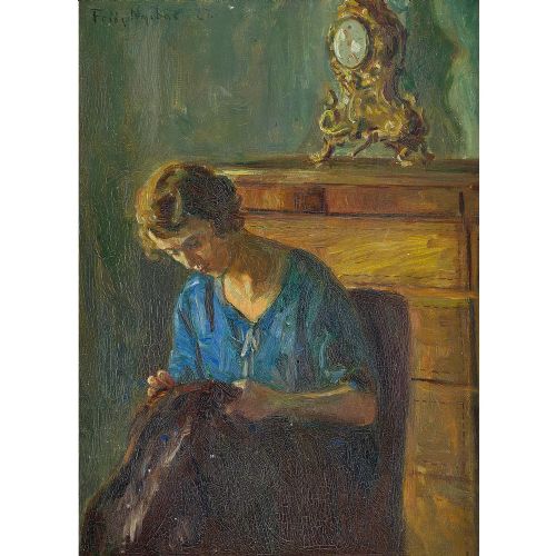 fig 1. Poul Friis Nybo, Interior Scene With Lady Sewing - Vintage Oil Painting