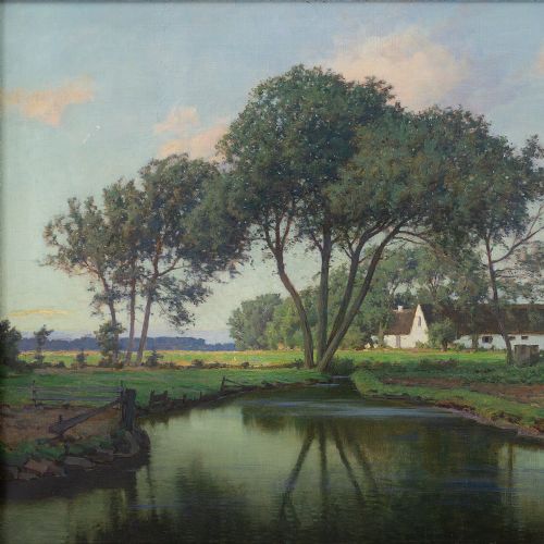 fig 1. Jakob Hansen, Rural View With Cottage & Pond - Vintage Oil Painting