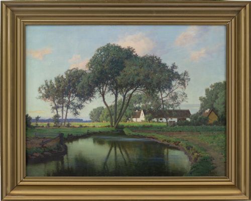Jakob Hansen, Rural View with Cottage & Pond - Vintage Oil Painting