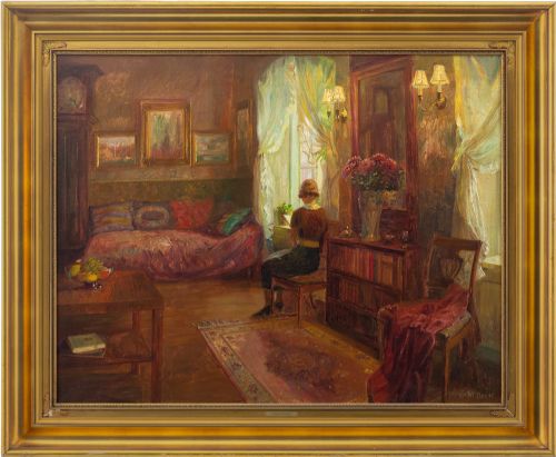 Robert Panitzsch, Plush Interior Scene with Seated Woman - Vintage Oil Painting
