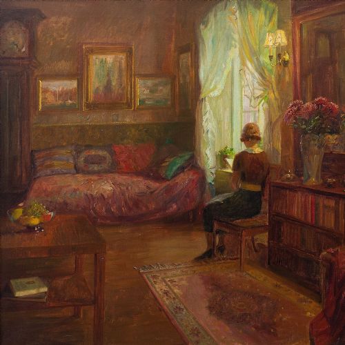 fig 1. Robert Panitzsch, Plush Interior Scene With Seated Woman - Vintage Oil Painting