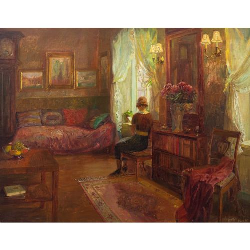 fig 2. Robert Panitzsch, Plush Interior Scene With Seated Woman - Vintage Oil Painting