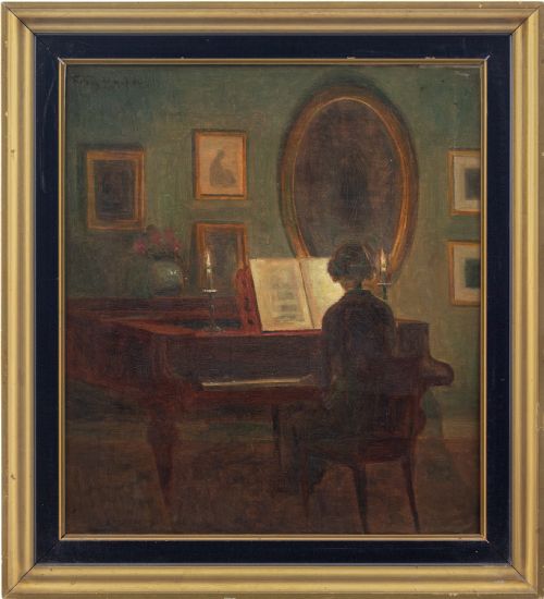 Poul Friis Nybo, Interior Scene with Woman at the Piano - Vintage Oil Painting