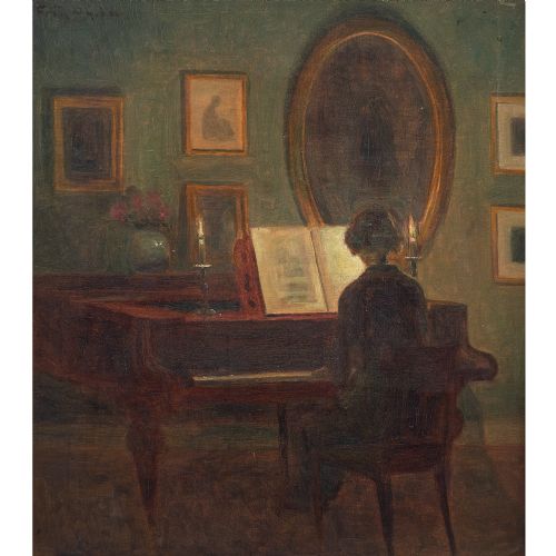 fig 1. Poul Friis Nybo, Interior Scene With Woman At The Piano - Vintage Oil Painting