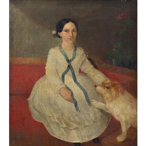 fig 1. 19th-Century French School Portrait Of A Girl & Dog - Antique Oil Painting