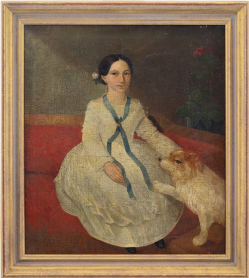 19th-century French School Portrait of a Girl & Dog - Antique Oil Painting