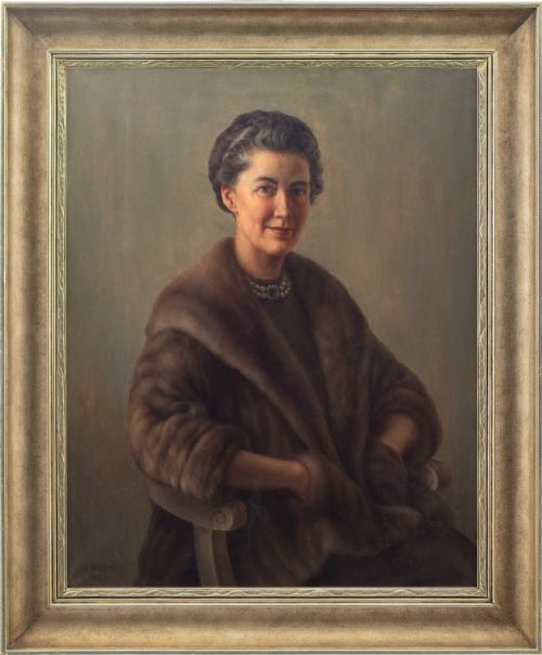Ove Haase, Portrait of a Lady in a Fur Coat & Pearls - Vintage Oil Painting