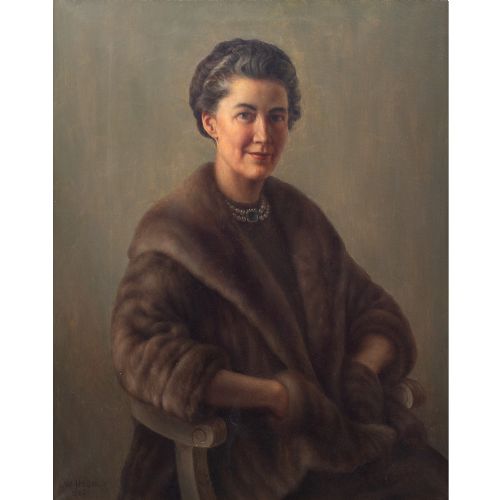fig 1. Ove Haase, Portrait Of A Lady In A Fur Coat & Pearls - Vintage Oil Painting