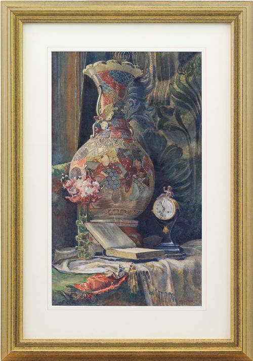 Paul Weber, Still Life with Vase, Ornaments & Open Book - Antique Watercolour