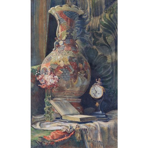 fig 1. Paul Weber, Still Life With Vase, Ornaments & Open Book - Antique Watercolour