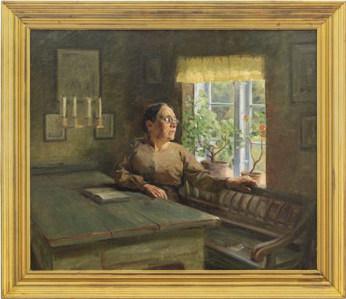 Carl Vilhelm Meyer, Interior Scene with Older Lady - Antique Oil Painting