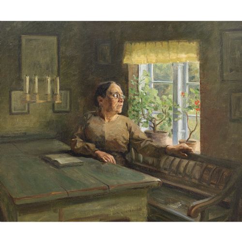 fig 1. Carl Vilhelm Meyer, Interior Scene With Older Lady - Antique Oil Painting